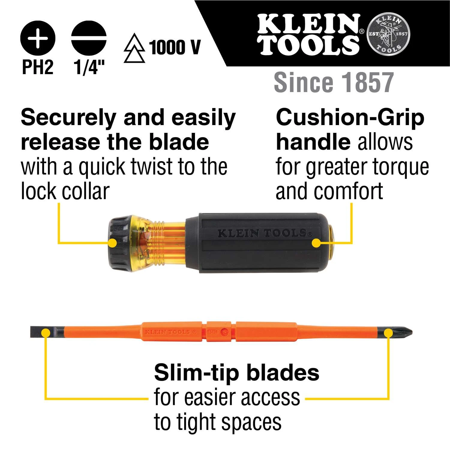 Klein Tools Phillips Bits: #2; Slotted Bits: 1/4" ; 2-in-1 Insulated Flip-Blade 8.2 In. 2 Pc 8 Klein Tools Phillips Bits: #2; Slotted Bits: 1/4" ; 2-in-1 Insulated Flip-Blade 8.2 In. 2 Pc - Image 6